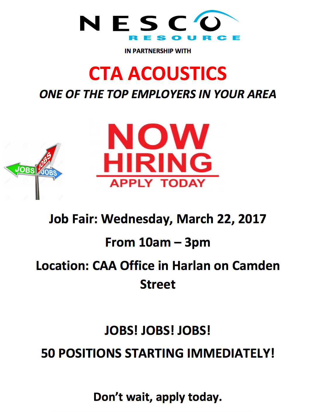 JOB FAIR CTA Acoustics is hiring on Wednesday, March 22 Harlan